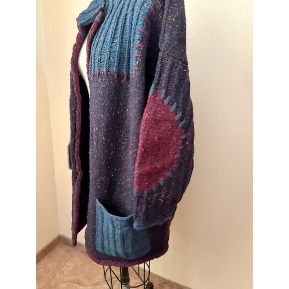 VTG Colorblock Knit Cardigan Wool Blend Open Front Pockets Boho Oversized L/XL - Picture 3 of 5
